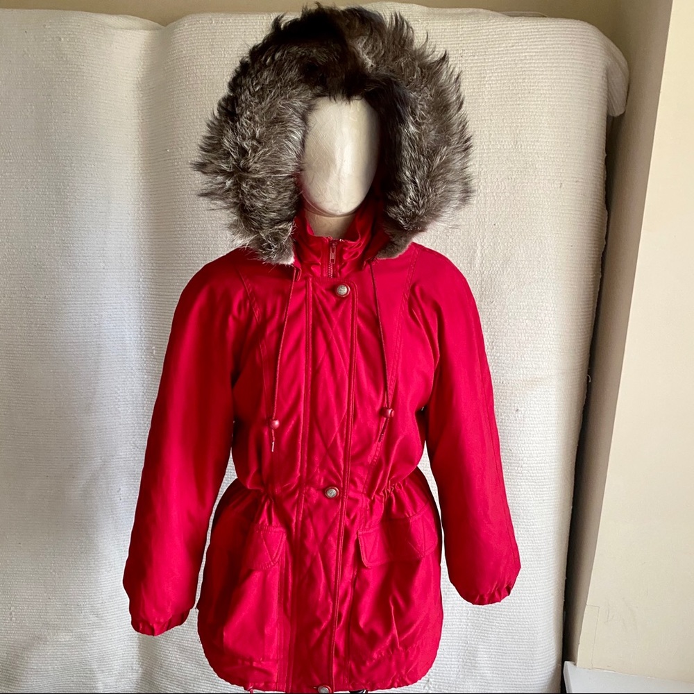 Vintage 70s Real Fur Hood Parka Eskimo Coat Jacket Red